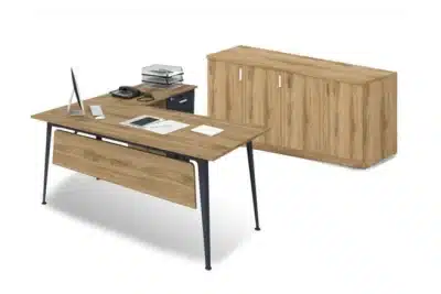 סט שולחן משרדי דגם אלון + כוננית 4 דלתות גוון עץ כהה