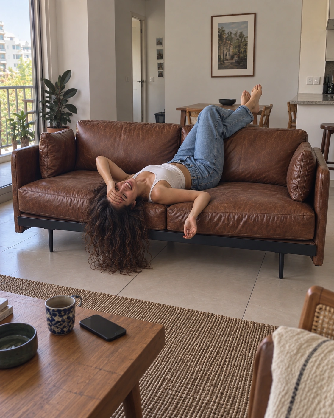 אישה נחה על ספה חומה בסלון מואר